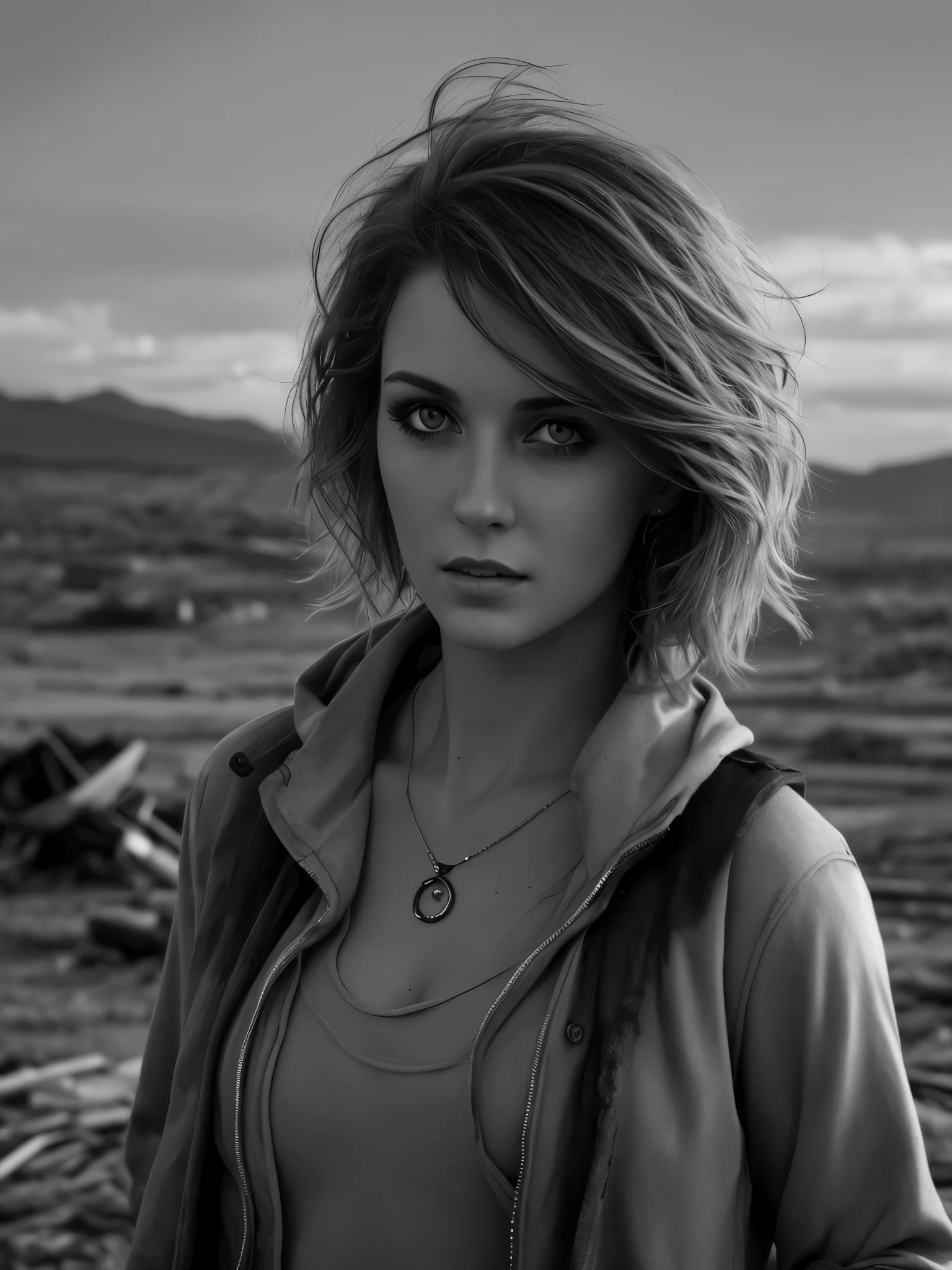 Photorealistic, masterpiece grayscale photo, woman with messy hair and poor minuscule postapocalyptic clothes, cute sexy, (detailed wastelands background), ultra sharp focus, detailed face, (((posing))), random hair color, short hair, beautiful eyes, full body, high quality black and white image