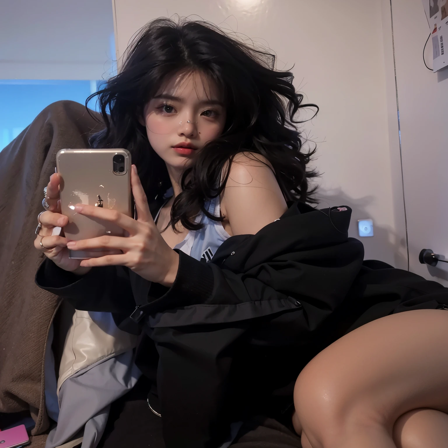 mulher sentada em uma cadeira tirando uma selfie com o celular, Ulzzang, cruel korean goth girl, capturado em canon eos r 6, fotografia de baixa qualidade, anime vibes, fotografia selfie 8k, tirada em 2 0 2 0, obras de arte no estilo de guweiz, foto de retrato, estilo anime misturado com fujifilm, imagem de qualidade muito baixa