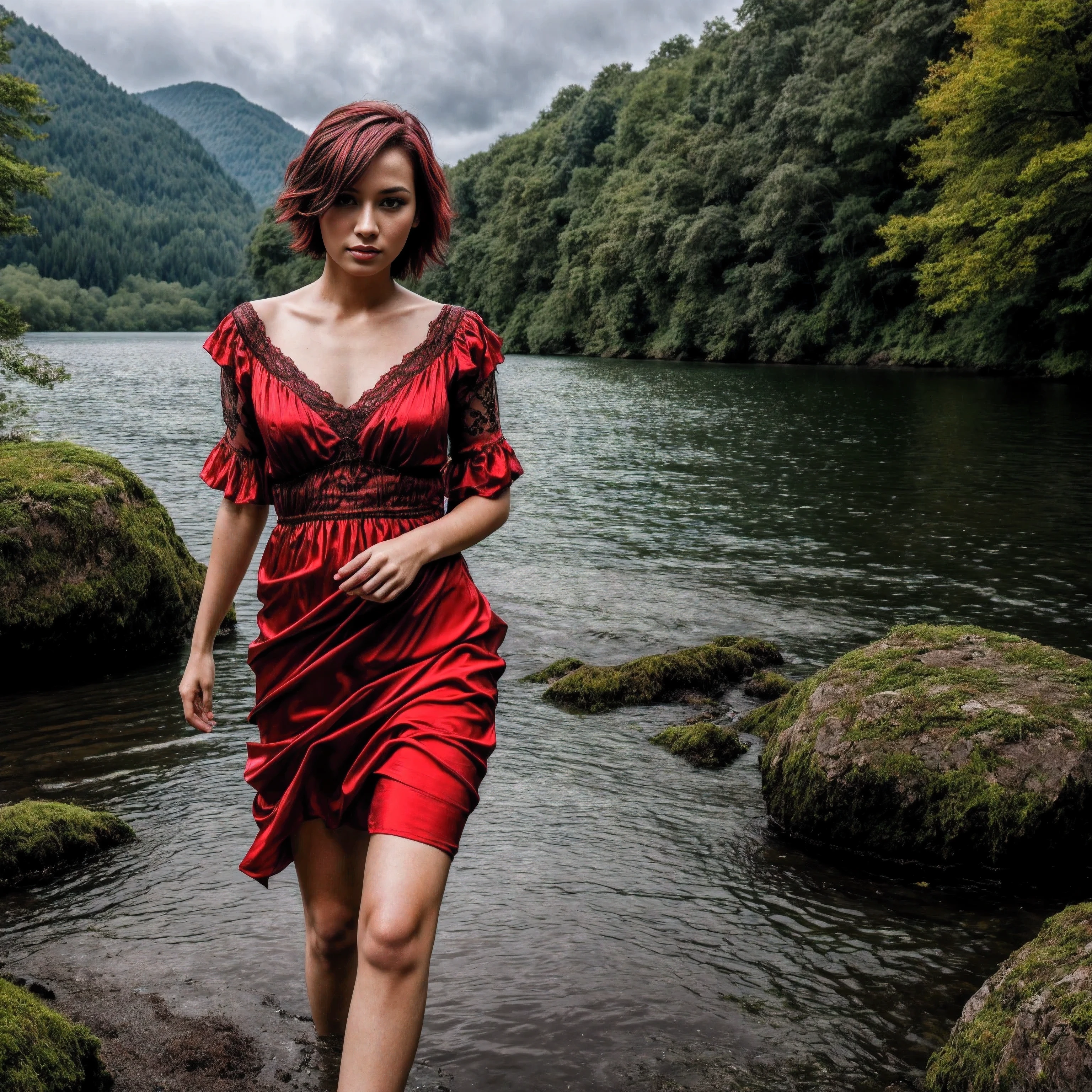 1woman in, age35, Solo, Aesthetic artwork,Rococo, Maya Art, Fractal art, Beautiful woman with short red hair in a red silk dress, fullbody shot, imperfect skin, goosebumps, gothic dress, beautiful nature location, around lake shore, (extremely detailed 8k wallpaper), soft lighting, high quality, film grain, Fujifilm XT3 sharp focus, f 5.6, 50mm, High Detail, Sharp focus,(natural light), (seductive), Realistic, ultra realistic, photo realistic, crazy details, complex details, hyper detailed,