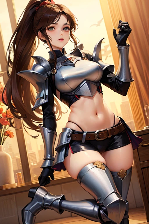 Guerreira, fantasia, armadura de placas, steel breastplate, Steel gauntlets, steel gloves, saia curta, saia vermelha, levantando a saia, calcinha branca, calcinha aparecendo, Brown hair, realista, D&D, saia levantada, (cameltoe), upskirt, Steel gauntlets, steel boots, steel breastplate, melhor qualidade, long ponytail, obra-prima, 8k, (exposed navel), belt