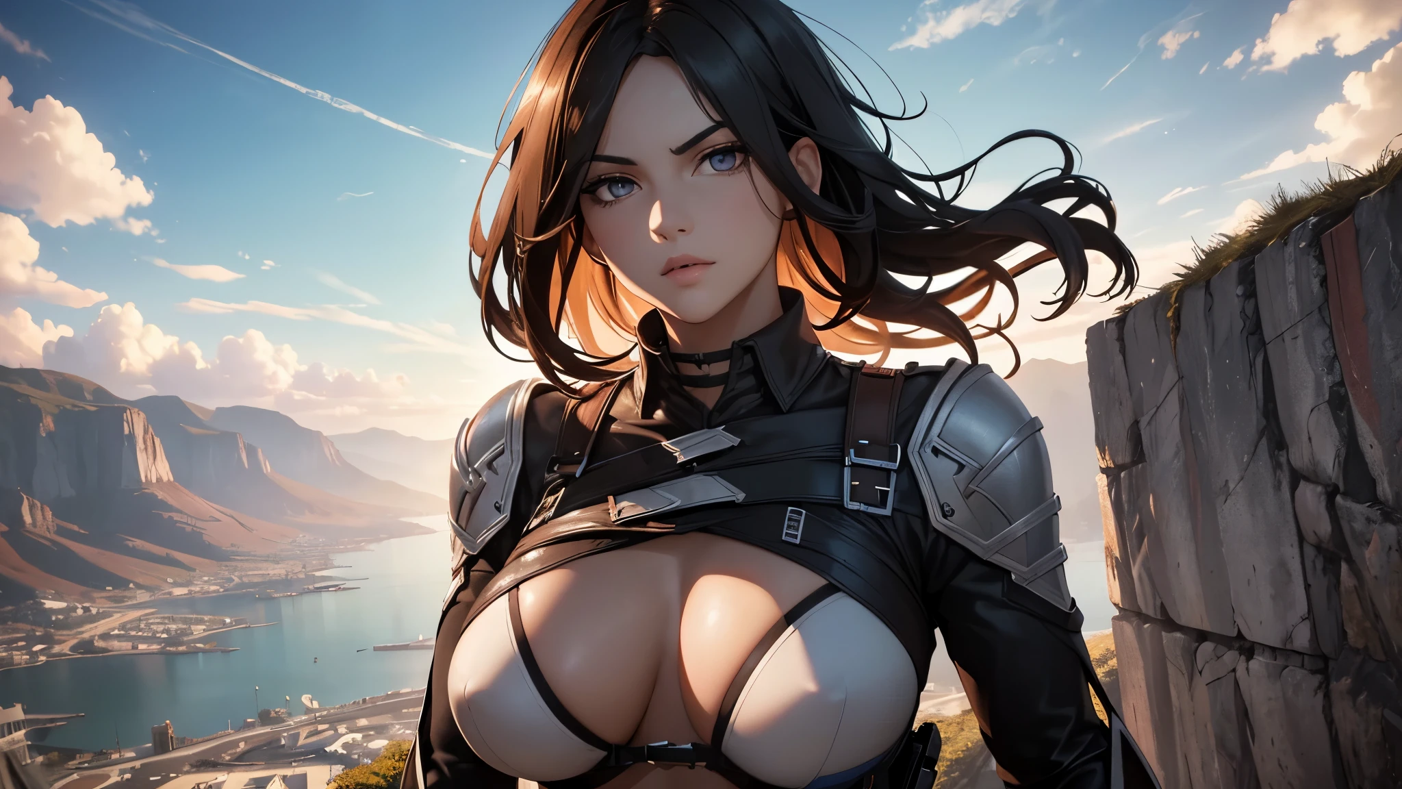 (best quality,4k,highres,masterpiece:1.2),physically-based rendering,HDR,ultra-detailed,professional,vivid colors,portraits,anime,Mikasa Ackerman,climbing,jaw-dropping 30-meter wall,breathtaking scenery,sleek figure,long legs,alluring physique,luscious curves,beautiful detailed eyes and face,radiant and fiery eyes,sharp gaze,meticulously defined features,seductive lips,mesmerizing expression,flowing dark hair,determined and strong-willed,striking appearance,breathtakingly attractive,commanding presence