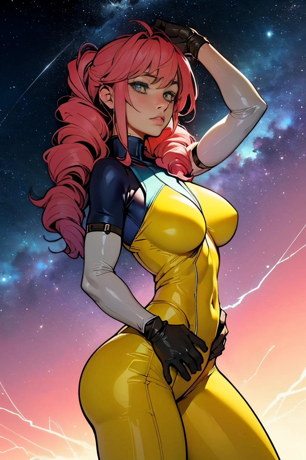 (masterpiece, top quality), (medium),official art, beautiful and aesthetic:1.2),(feldt:1.3), (fractal art:1.3), gundam00, pink hair, ((yellow bodysuit)), from side, (slendered abs:1.2), looking at viewer,(((starry sky))), stars in the background,((black gloves)),((gigantic breasts:1.5)), (drill hair),((ultra detail eyes:1.5)),((extremely detailed CG unity 8k wallpaper,masterpiece, best quality)), ((ultra-detailed:1.5)),(best illumination, best shadow, an extremely delicate and beautiful),(extremely detailed CG unity 8k wallpaper,masterpiece, best quality, ultra-detailed),(best illumination,  best shadow, an extremely delicate and beautiful),(masterpiece), digital art, otherworldly, a burst of color, explosive energy, chaotic beauty, (hair flowing:1.2, hair glowing), (background: broken, shattered, fractured), (light: flickering, pulsating, radiating).