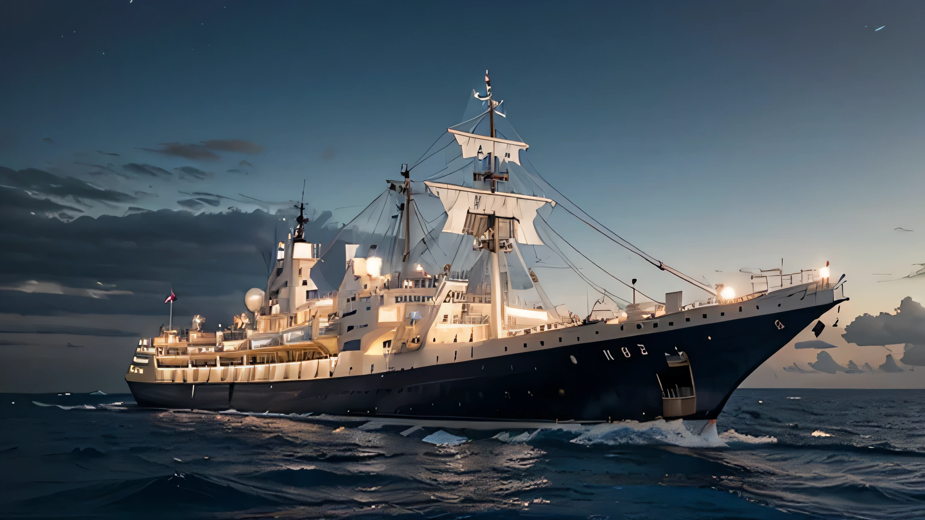 A hyper realistic old white ship in a dark blue ocean