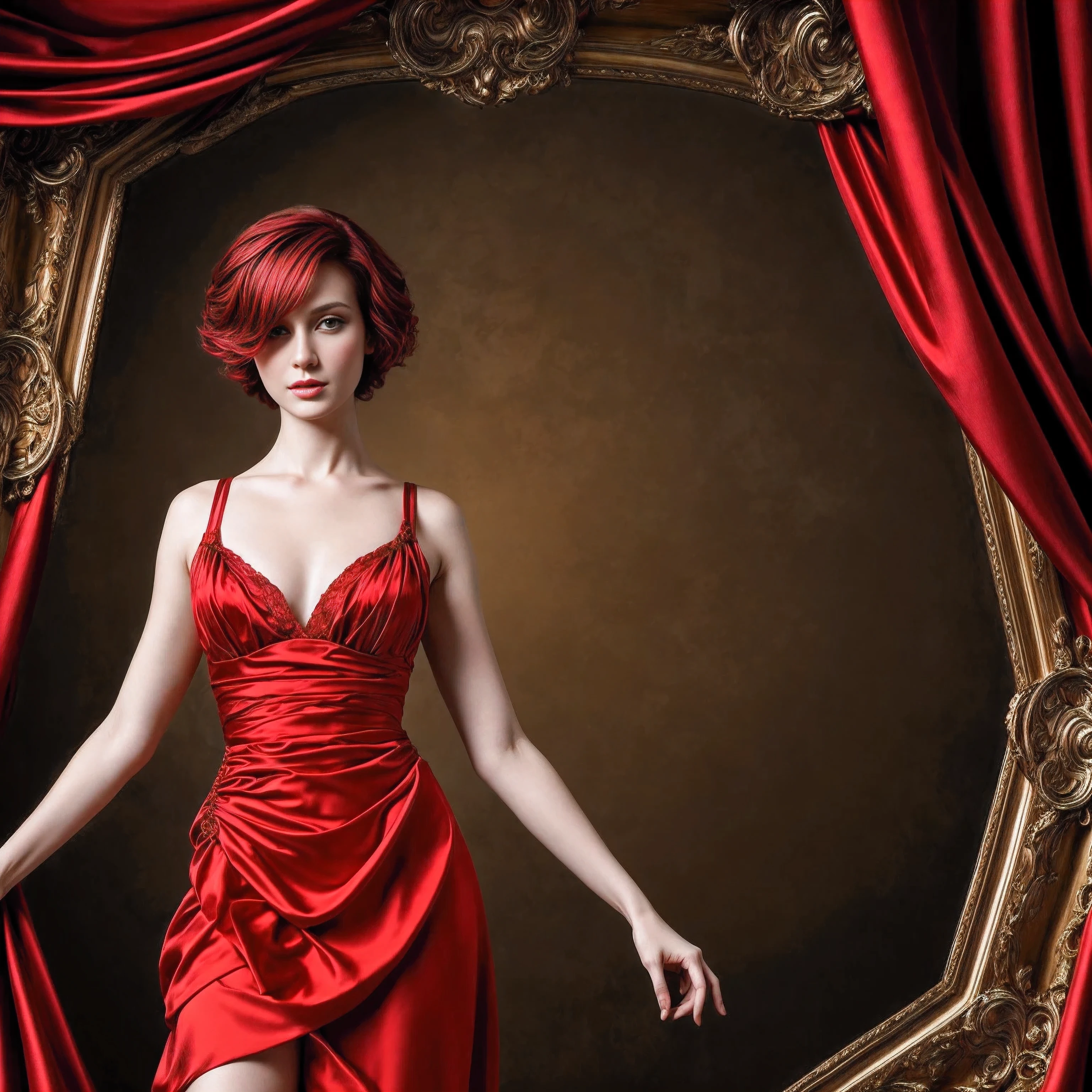 Rococo, Bauhaus, Fractal art, Beautiful woman with short red hair in a red silk dress