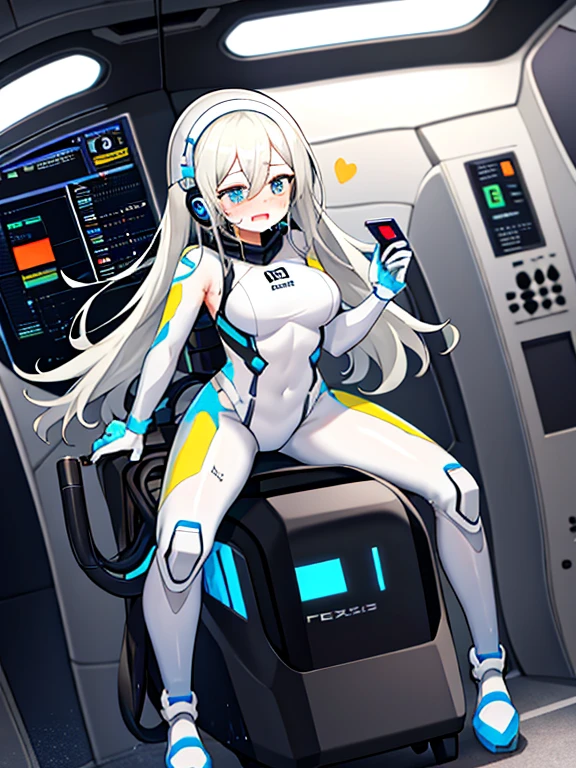 (Equestrian machine):1.3、straddle the horse riding machine、Tubes and cables、holds the smartphone in her hand、(Interior of white cyberpunk futuristic space station)、1 girl、solo、full body painting、chest、Sweat、tears、heart-shaped pupil、Ahegao、Steamed body、(Futuristic white latex bodysuit spacesuit):1.1,headphone、V arm、(blush:1.3)