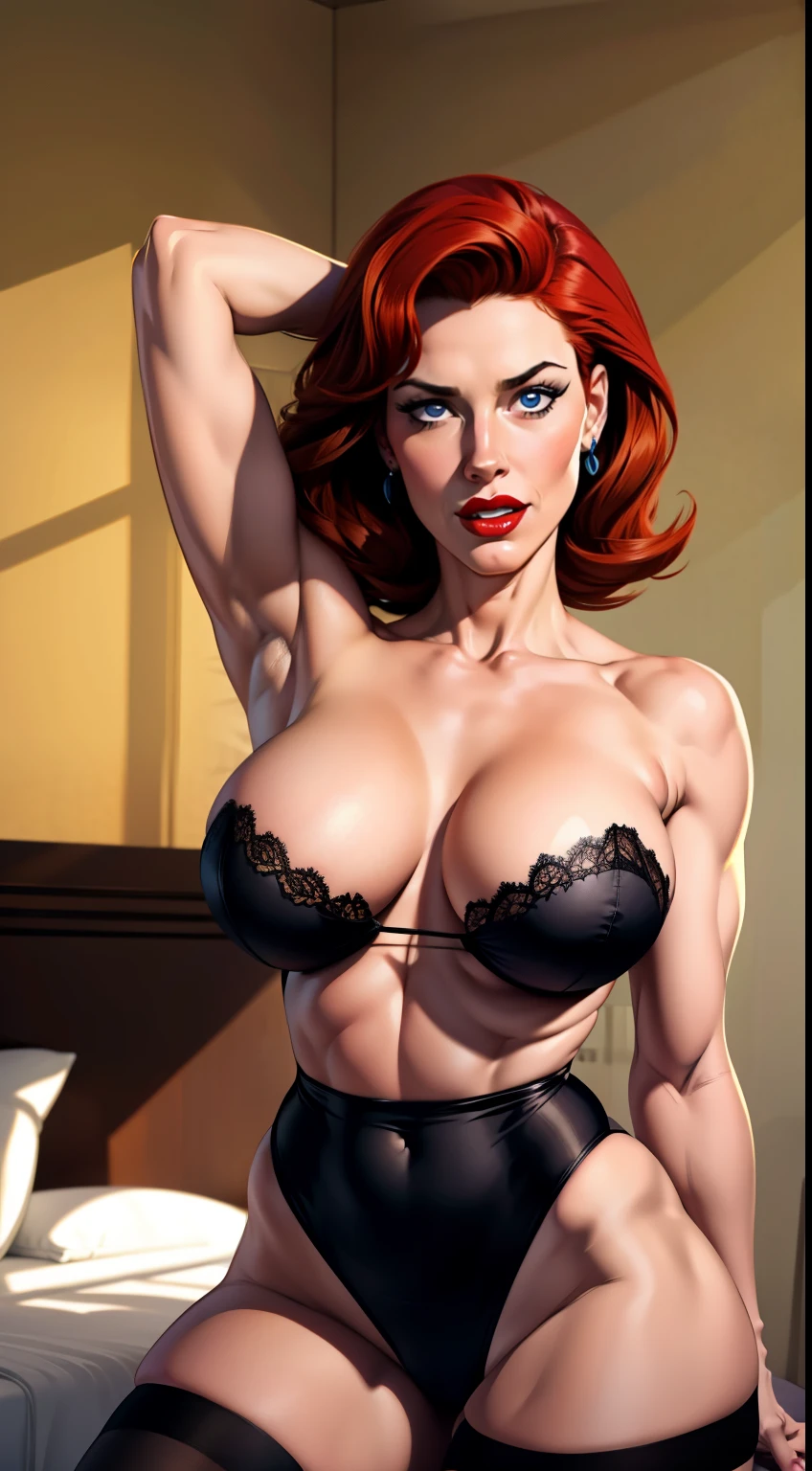 Deep of field, detailed background, hotel bedroom, One sexy linda flynn-fletcher, blue eyes, poised in an alluring action, with a lascivious face, black curly red hair falling over her shoulders, bright blue eyes, dressed in a revealing black bikini, including a black strapless bra, black thigh-high tights, and short sleeves. Her armpits are toned, showcasing her large hips, wide derriere, and muscular thighs. Her abs are tight, with muscles defining her abdomen. She wears red lipstick and has a beautiful, realistic face. Her expression is seductive.