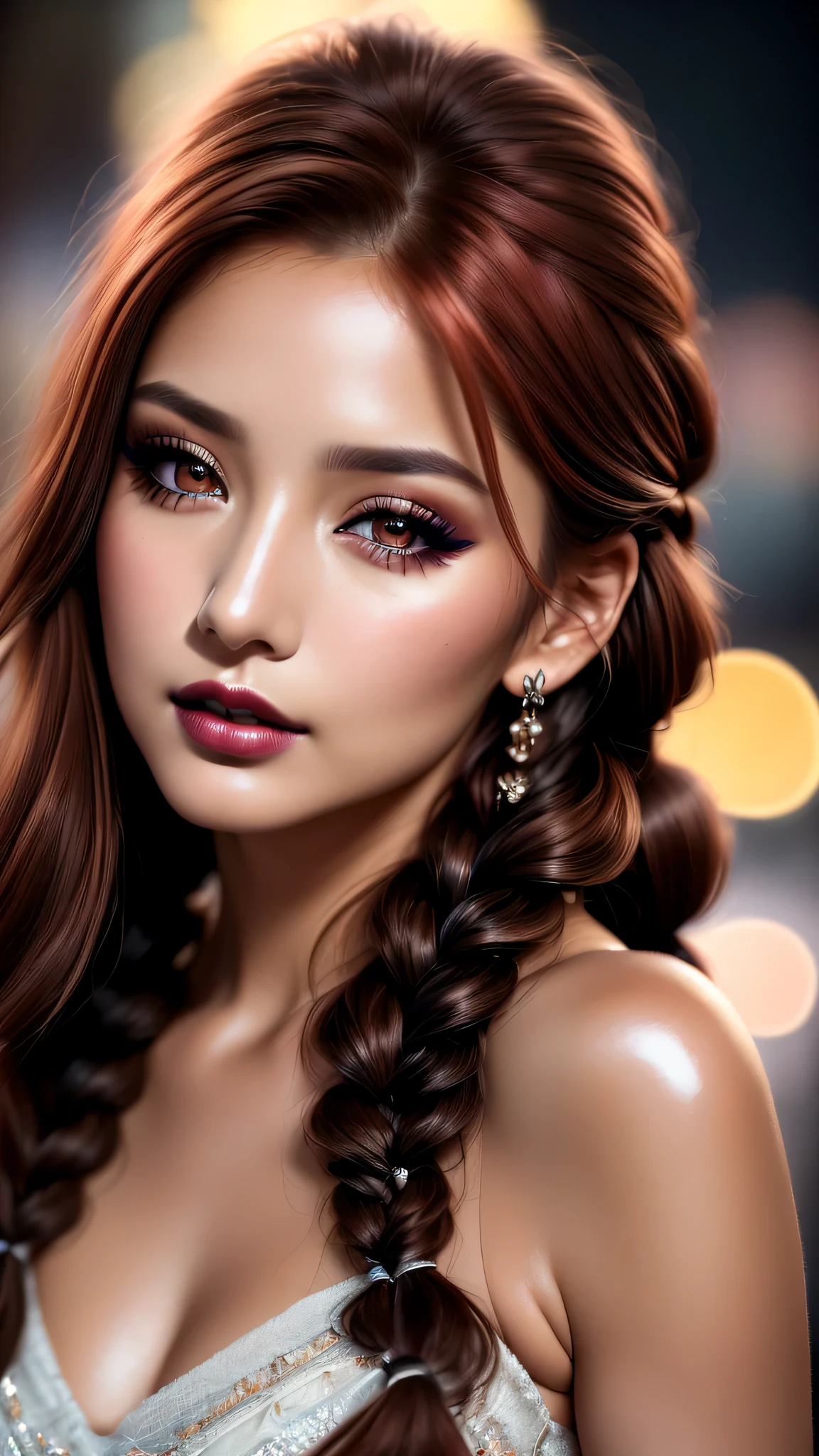 Ultra-realistic、 ultra-detailed primetime portraits、 最high quality、 8K, highest level、 The ultra -The high-definition)、(Super beautiful)、(beautiful face:1.5)、(detailed face:1.5)、(detailed eyes:1.2)、(detailed lips:1.35)、(Detailed nose:1.2)、1girl:1.4 22 years old、fashion supermodel、 real:1.55、photorealistic:1.55、very delicate and beautiful、fine details、masterpiece、 最high quality、 high quality、 High resolution、 (Glamour、 paparazzi taking pictures of her)、 (light、 side-braids low medium red hair、 extremely detailed)、 high contrast、 (dark shot:1.08)、 Long 2blue_eyelashes:1.4、 (dark_eyeshadows:1.25)、 ((Glossy)) red_lipstick:1.45、(perfect round eyes)、 ((brown_eyes:1.3))、 (dark_makeup:1.3)、(tanned matte skin:1.2)、 ((upper body shot))