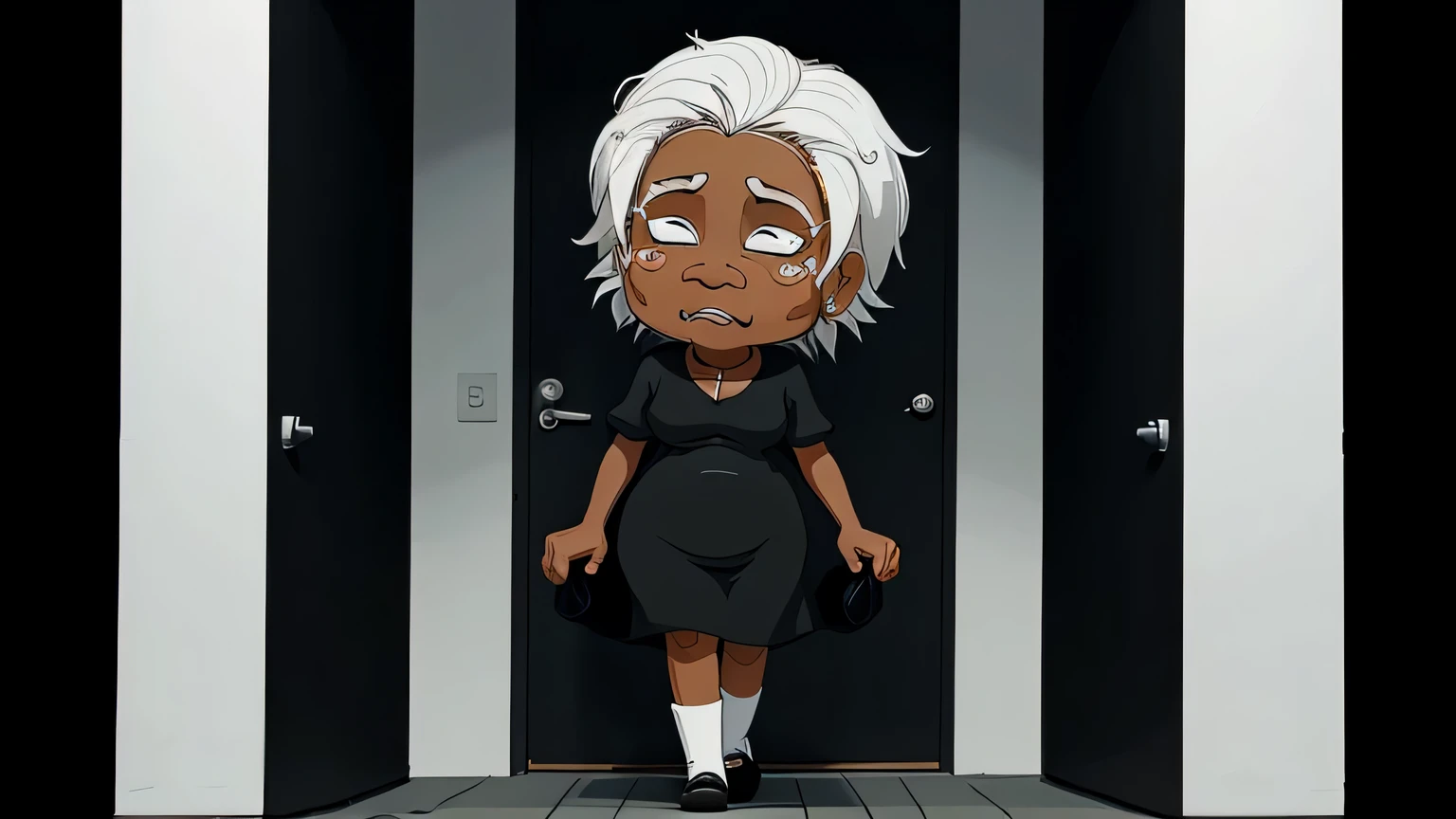 cartoon-style, a black woman, fivety years, white hair, crying, full body, old woman, cartoon-style, she's walking