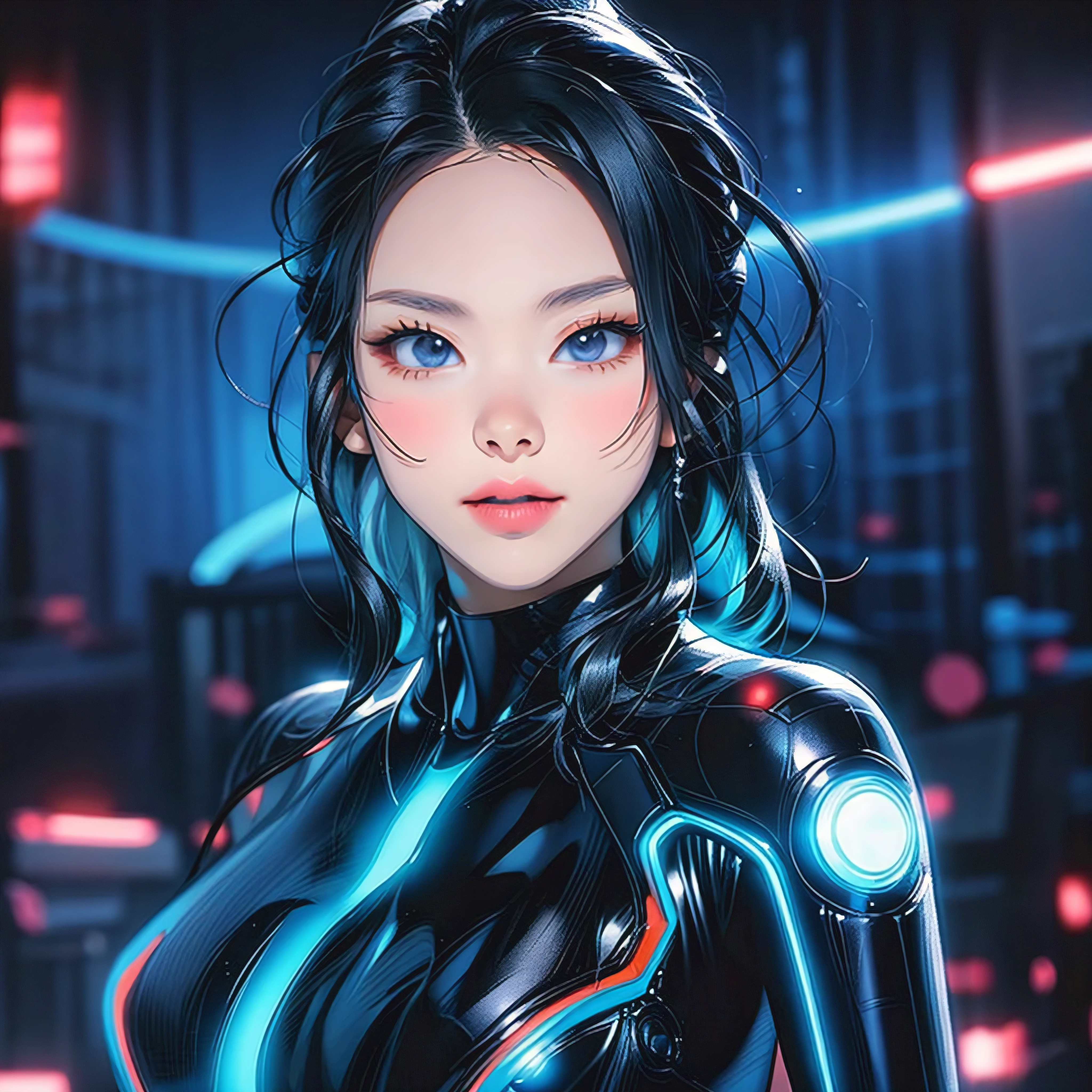 beautiful woman, tron suit, anime realism, illustration