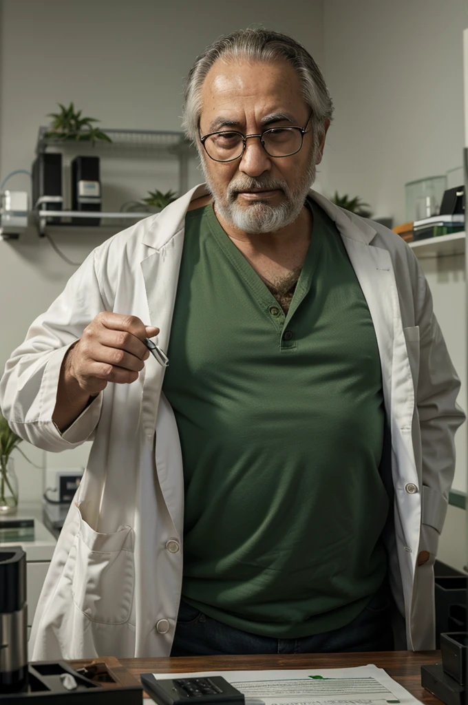 arafed man in a lab coat, ultra realistic, realism, real photo, examining a marijuana plant and other medicinal herbs, portrait of hide the pain harold, shutter, cannabis, entheogen, personification of marijuana, wearing lab coat and glasses, hide the pain harold , elite scientist, 420, 4 2 0, marijuana plants , doctor, doctor, weed, asymmetric marijuana