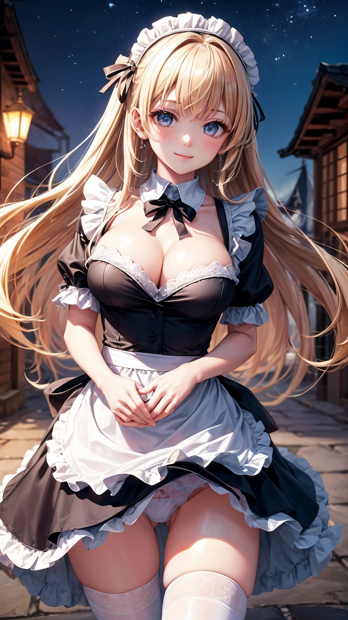 ((highest quality、High resolution、8K、masterpiece:1.3))、dynamic angle、I can see the whole body、wallpaper、1 girl、unparalleled beauty、ultimate beauty、super detailed face、delicate eyes、smile shyly、sexy look、(I'm tempting)、looking at the camera、Depth of bounds written、light particles、side light、long hair、blonde、maid、宝石で装飾されたmaid服、(Holding down the skirt with both hands)、(The wind flipped my skirt and exposed my white panties.)、Open chest、big breasts、cleavage、Thighhighs、thighs、slim、slender、Old castle at night