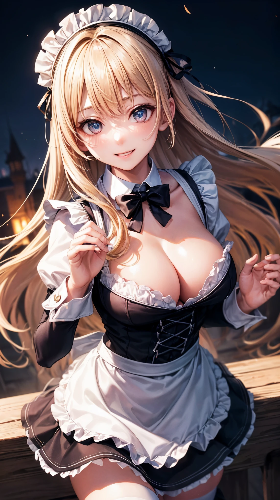 ((highest quality、High resolution、8K、masterpiece:1.3))、dynamic angle、I can see the whole body、wallpaper、1 girl、unparalleled beauty、ultimate beauty、super detailed face、delicate eyes、smile shyly、sexy look、(seducing me sexually)、looking at the camera、Depth of bounds written、light particles、side light、long hair、blonde、maid、宝石で装飾されたmaid服、(Holding down the skirt with both hands)、(The wind flipped my skirt and exposed my white panties.)、Open chest、big breasts、cleavage、Thighhighs、thighs、slim、slender、Old castle at night