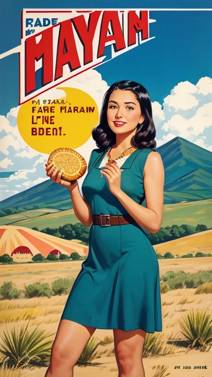 1940s poster, ad for "fry bread", simple box design, simple label, fresh fry bread, fry bread is flat, attractive native woman hold flatbread, brand name is "Okie Mountain", open fingers, blue sky, green mountain, choctaw purple dress,