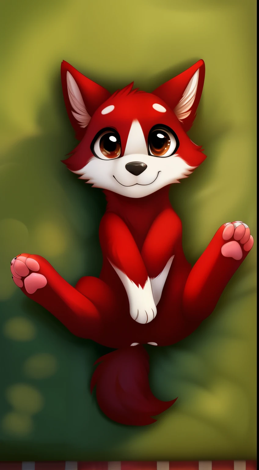 Male wolf, red furred, red fur, layed, paws to the air, puppy, big eyes, masterpiece, detailed body, detailed face, detailed paws, smiling, black short hair