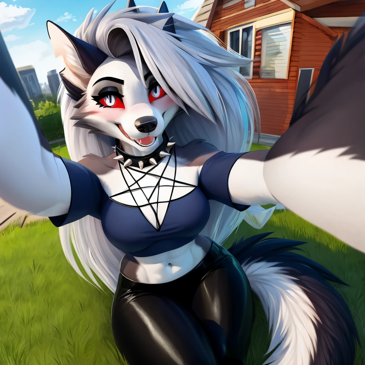 masterpiece, best quality, facial portrait of a female anthro loona hellhound, loonacroptop, detailed face, detailed eyes, clipped pupils, white eyes, red sclera, happy, tight pants, tight and detailed black leggings, [smile, [spiked necklace], pentagram], sitting, looking at the viewer, outside, neighborhood in the background, lustful expression, somewhat large thighs, selfie, taking a selfie, blushing
INFO
