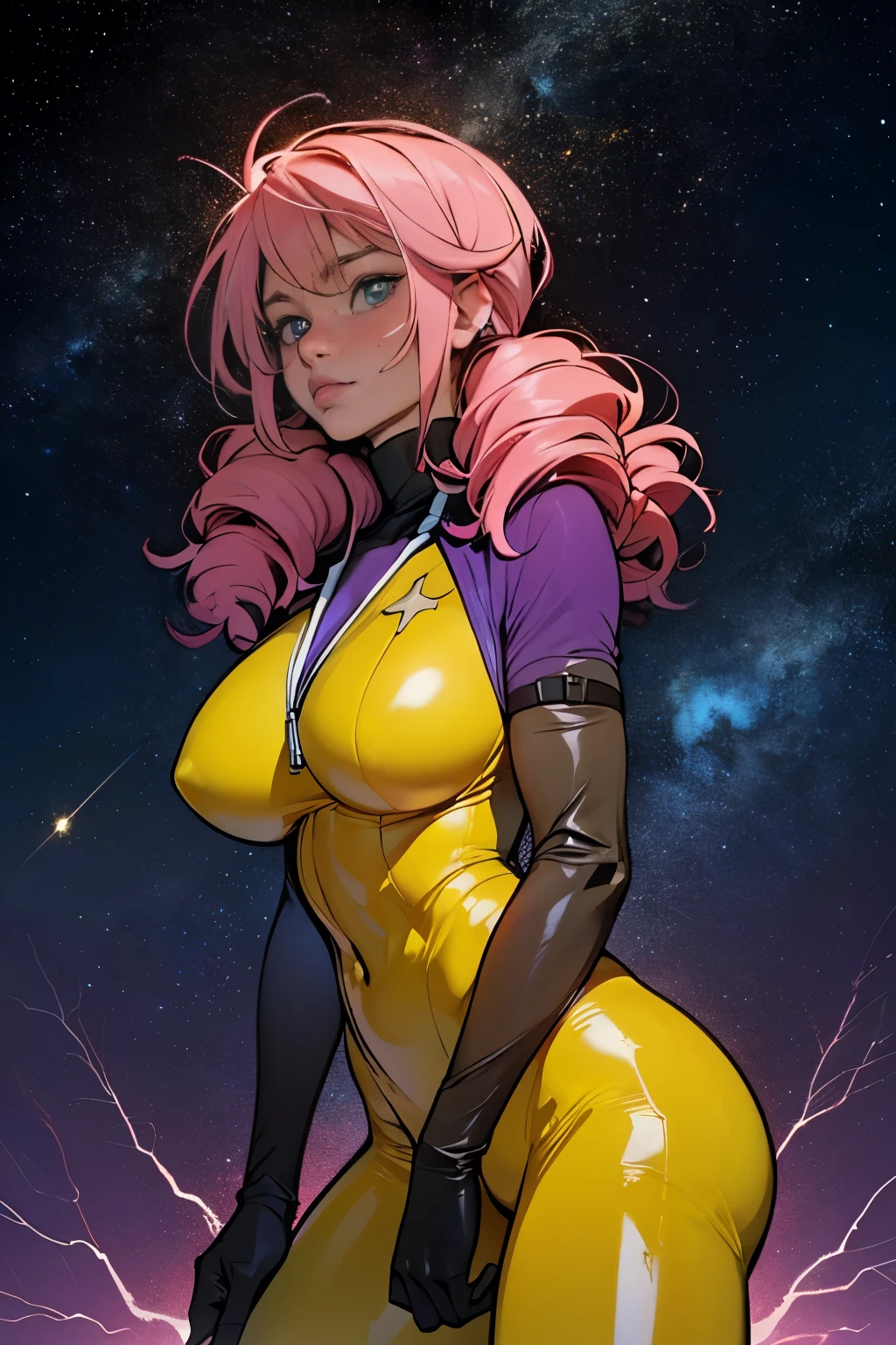 (masterpiece, top quality), (medium),official art, beautiful and aesthetic:1.2),(feldt:1.3), (fractal art:1.3), gundam00, pink hair, ((yellow bodysuit)), from side, (slendered abs:1.2), looking at viewer,(((starry sky))), ((white collar)), (purple shoulders), stars in the background,((black gloves)),((gigantic breasts:1.5)), (drill hair),((ultra detail eyes:1.5)),((extremely detailed CG unity 8k wallpaper,masterpiece, best quality)), ((ultra-detailed:1.5)),(best illumination, best shadow, an extremely delicate and beautiful),(extremely detailed CG unity 8k wallpaper,masterpiece, best quality, ultra-detailed),(best illumination,  best shadow, an extremely delicate and beautiful),(masterpiece), digital art, otherworldly, a burst of color, explosive energy, chaotic beauty, (hair flowing:1.2, hair glowing), (background: broken, shattered, fractured), (light: flickering, pulsating, radiating).