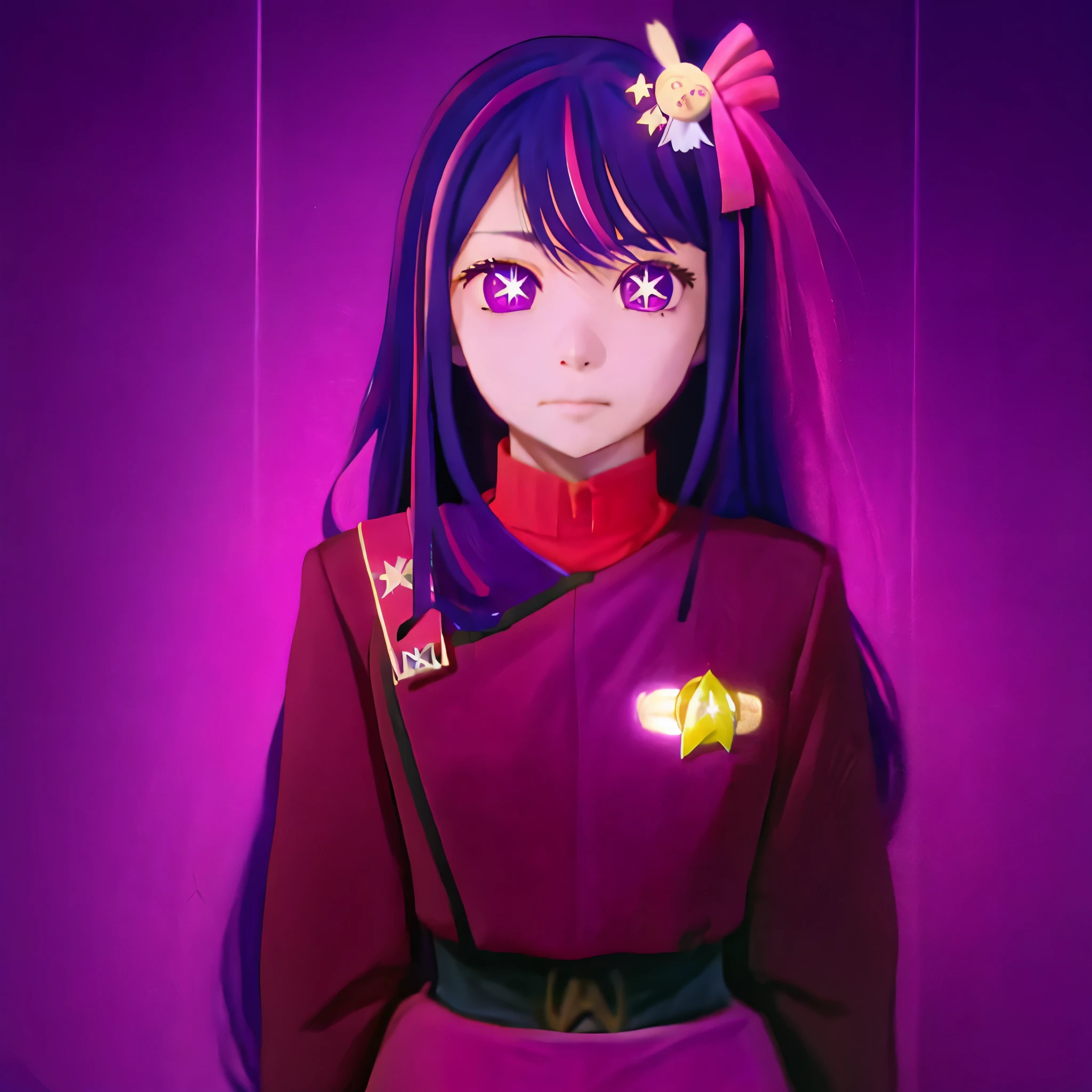 Hoshino Ai, long hair, purple hair, streaked hair ,purple eyes, star-shaped pupils, hair ornament, twokunf uniform 