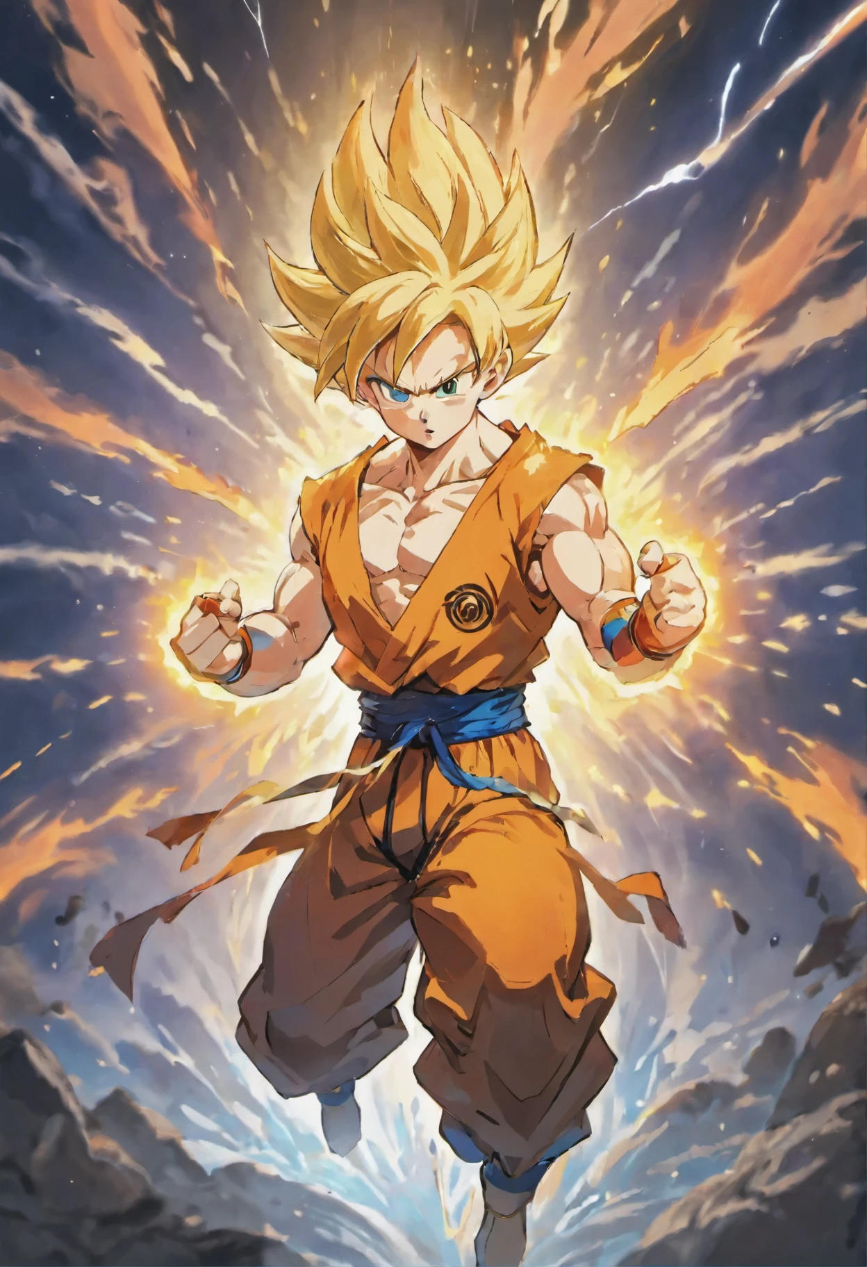 (best quality,4k,highres,masterpiece:1.2),ultra-detailed,(realistic:1.37),son goku,anime,waterfall,son goku face visible,kamehameha,vivid colors,sharp focus,dragon ball,zoomed out view,long hair,fierce expression,powerful aura,rippling muscles,fighting pose,motion blur,surrounded by energy,glowing eyes,body covered in aura,dynamic,explosive energy,high impact,constant movement,energy waves,electricity crackling,anime-style,fire effects,action-packed,stylized,strong contrast,colorful,heroic stance,intense battle,clouds,strength,emotion,overwhelming power,unleashing power,hands charging energy,blue and orange color scheme,backlit,exaggerated proportions,muscular physique,menacing presence,superhuman abilities,concentrated power,super saiyan transformation,imposing figure,dominant position,hair flowing in the wind,surroundings full of debris,focused determination.