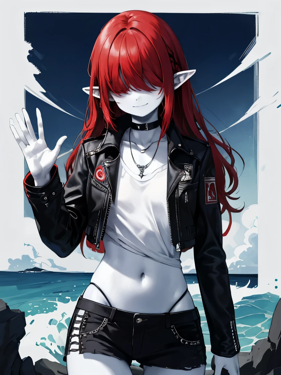 (masterpiece,best quality,ultra-detailed),1girl,red hair, long hair,messy hair ,smile ,closed mouth,wave hair, hair over eyes,pale skin, pointy ears,black jacket, chocker,rock punk fashion,in ancient the street,night,