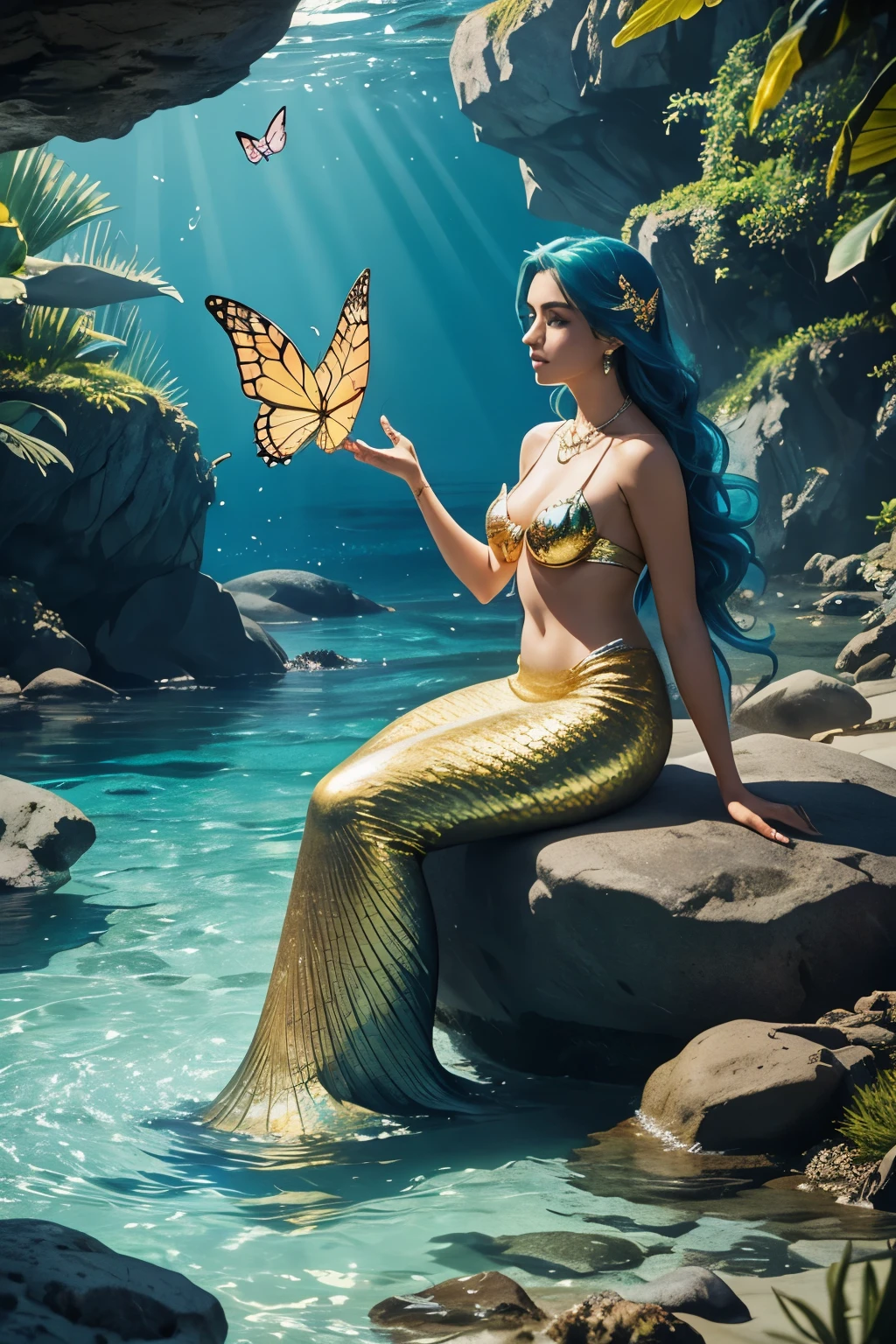 there is a mermaid sitting on a rock holding a beautiful butterfly in the background there is a sea of clean waters the mermaid is wearing a gold and diamond necklace, corpo inteiro