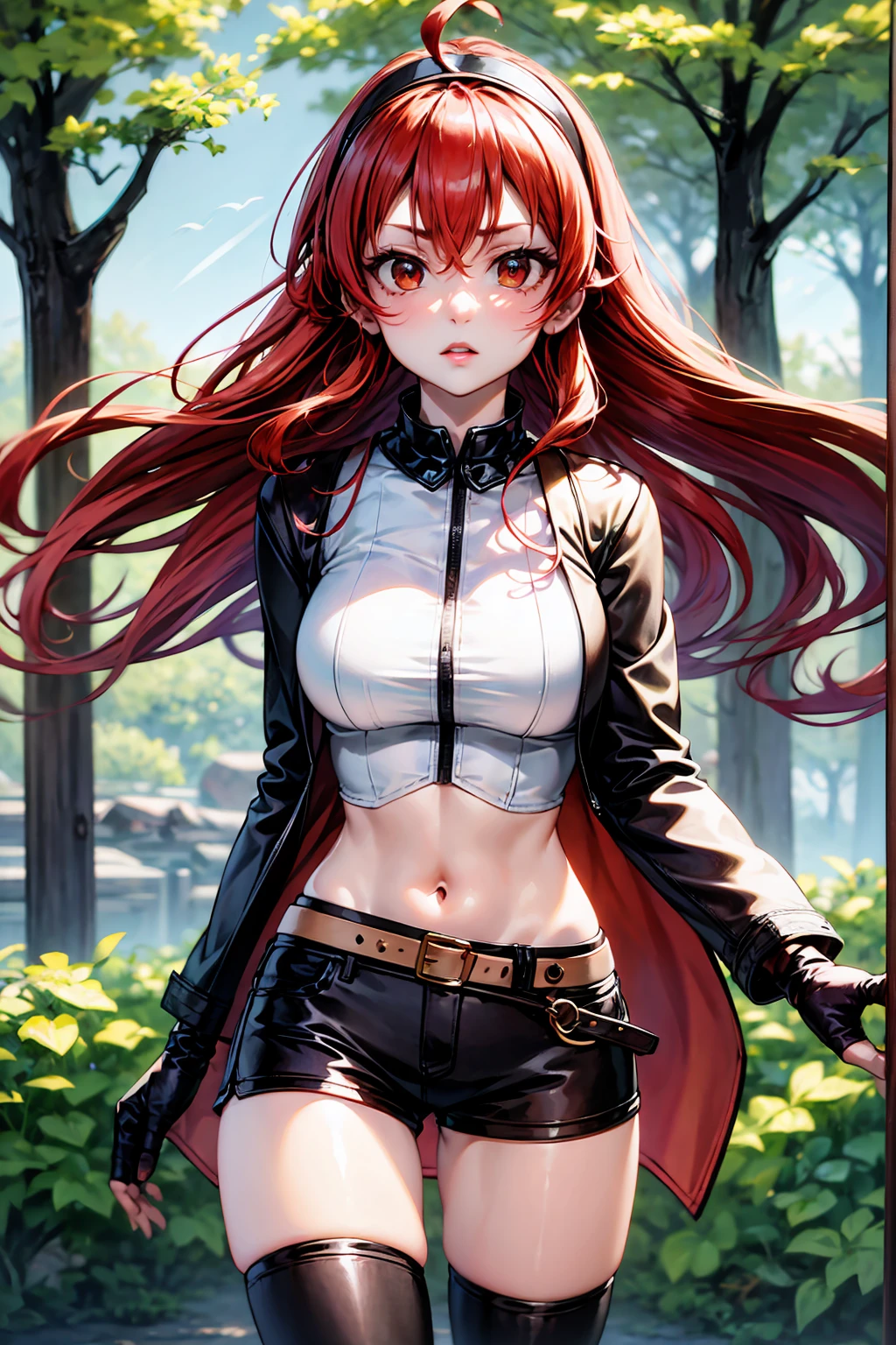 masterpiece, best quality, expressive eyes, perfect face, (cowboy shot), loking at viewer, crossed bangs, solo, 1girl, erisc, red hair, long hair, hairband, ahoge, red eyes, white shirt, large breasts, long hair, fur-trimmed jacket, black jacket, open jacket, coat, crop top, mature female, forest, sky, black thighhighs, gloves, long sleeves, navel, short shorts, black shorts, belt