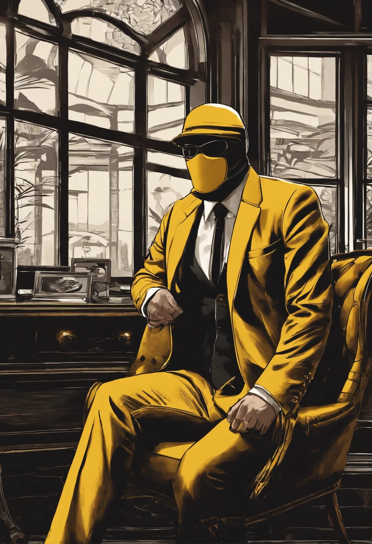 Create picture which is a square 1000 px x 1000 px with frame. This picure presents adult spy who is dressed in dark balaclava, formal suit, dark glasses, and hat. This guys is sitting on the chair in the room which looks like library. This room is very shady and mysterious. Picture is in cyberpunk convention, dark-yellow monochrome, old soviet type