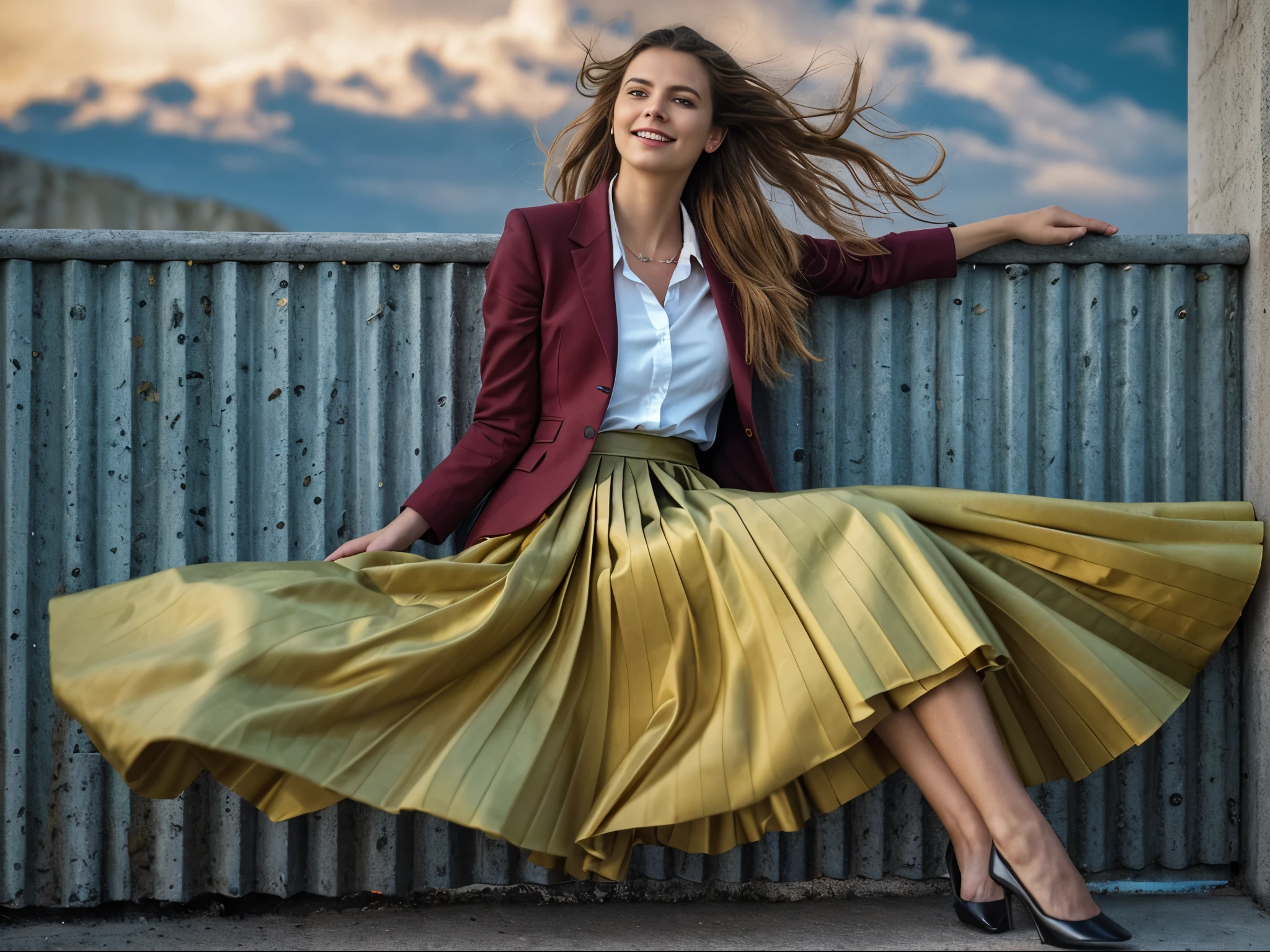 (35mm f1.4 Kodak portra 400 photograph, extremely high quality RAW photograph), authentic (shy smiling) (beautiful compassionate woman) sitting and playing with her skirt, wearing short blazer with very detailed (long (fully pleated) full circle skirt) and (simple low heeled office shoes), very intricate hyper-detailed symmetric (attractive graceful young feminine face) with (sad, tired eyes and shy smile), full of empathy and tenderness and love, ((pronounced (feminine) features)), ((highly detailed ultra accurate realistic hands and fingers)), (windy conditions and wind blowing), (space ship deep space travel background), epic composition, highly detailed attributes, highly detailed atmosphere, sci-fi ,cinematic shot, dynamic lighting, 75mm, Technicolor, Panavision, cinemascope, sharp focus, fine details, 8k, HDR, realism, realistic, key visual, film still, superb cinematic color grading, depth of field