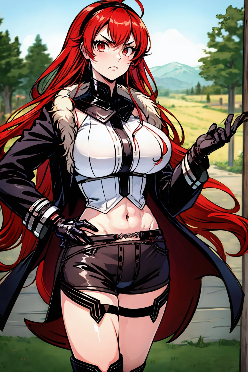 masterpiece, best quality, expressive eyes, perfect face, (cowboy shot), loking at viewer, crossed bangs, solo, 1girl, erisc, red hair, long hair, hairband, ahoge, red eyes, white shirt, large breasts, long hair, fur-trimmed jacket, black jacket, open jacket, coat, crop top, mature female, forest, sky, black thighhighs, gloves, long sleeves, navel, short shorts, black shorts, belt