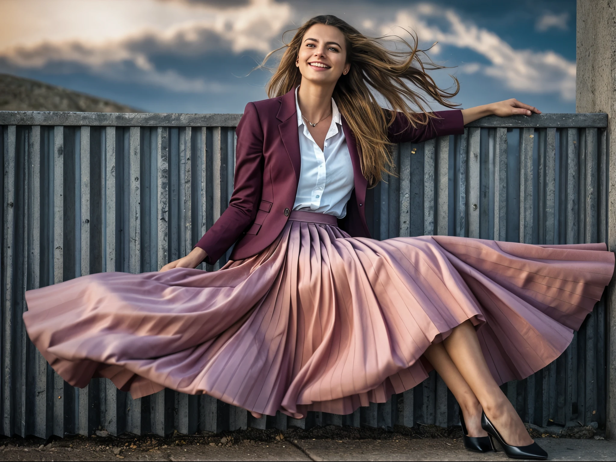 (35mm f1.4 Kodak portra 400 photograph, extremely high quality RAW photograph), authentic (shy smiling) (beautiful compassionate woman) sitting and playing with her skirt, wearing short blazer with very detailed (long (fully pleated) full circle skirt) and (simple low heeled office shoes), very intricate hyper-detailed symmetric (attractive graceful young feminine face) with (sad, tired eyes and shy smile), full of empathy and tenderness and love, ((pronounced (feminine) features)), ((highly detailed ultra accurate realistic hands and fingers)), (windy conditions and wind blowing), (space ship deep space travel background), epic composition, highly detailed attributes, highly detailed atmosphere, sci-fi ,cinematic shot, dynamic lighting, 75mm, Technicolor, Panavision, cinemascope, sharp focus, fine details, 8k, HDR, realism, realistic, key visual, film still, superb cinematic color grading, depth of field