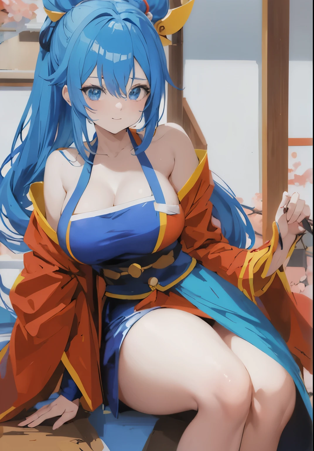 anime girl with blue hair and blue eyes in a red  with yellow outfit, aqua from konosuba, konosuba, konosuba anime style, seductive anime girl, anime moe artstyle, from sengoku period, beautiful alluring anime woman, onmyoji, anime woman, anime goddess, [32k hd]^10, in kimono