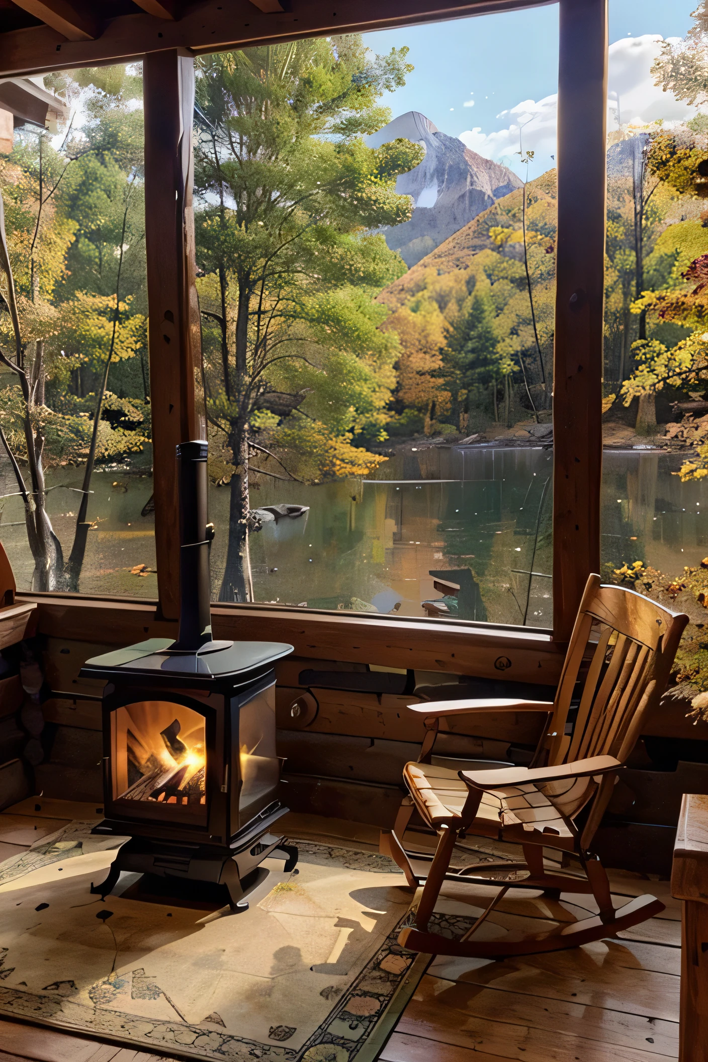 A tranquil mountain cabin during autumn, surrounded by trees with colorful fall foliage. A small porch with a rocking chair overlooks a calm lake. The cabin's interior is visible through a window, showing a fireplace with a gentle fire.