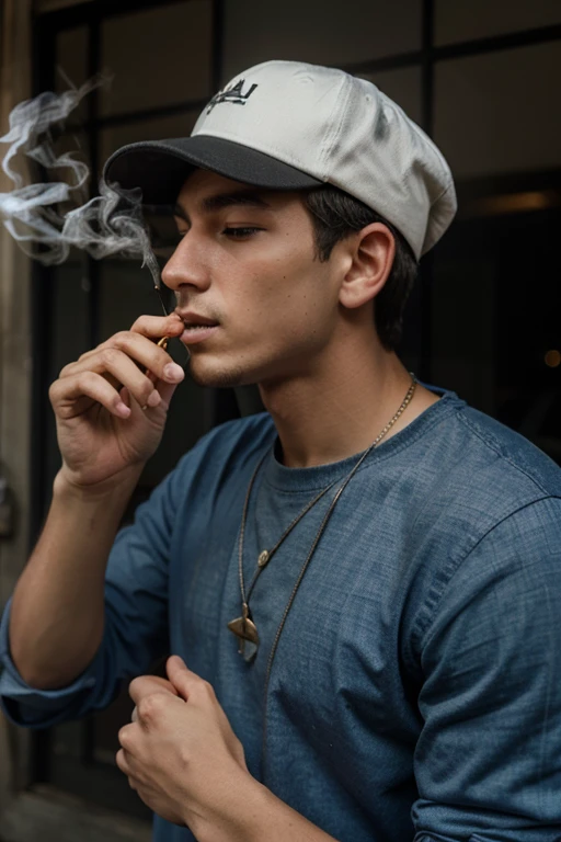 young man in cap smoking marijuana cigarette