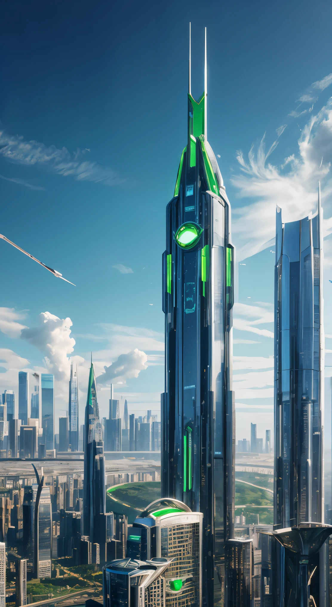 A beautiful and epic high-tech futuristic emerald city with silver details