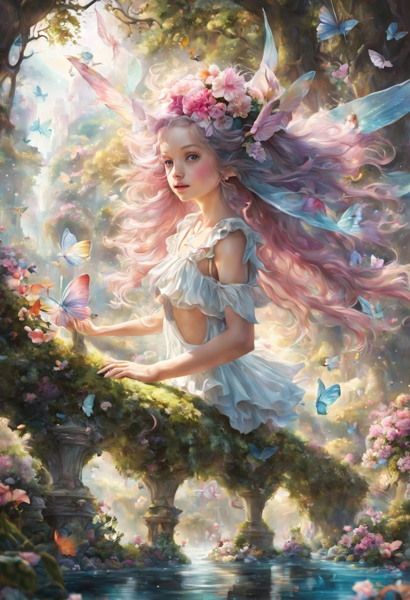 1girl, Whimsical Fairy Wonderland, Abstract art,portraits,pastel shades,pastel colors,soft lighting,ethereal atmosphere,dreamlike,magical,enchanted forest,rays of sunlight filtering through the trees,glimmering fairy wings,colorful flowers blooming,delicate butterflies dancing in the air,twinkling stars in the sky,mystical creatures,happy and playful fairies,surreal landscape,floating islands,whimsical trees with twisting branches,vibrant energy,touch of mystery and wonder,harmonious blending of colors and shapes,impressionistic style,expressive brushstrokes,fluid movement and flow,soft and dreamy textures,playful and imaginative composition,captivating and enchanting,inviting viewers into a magical world of fantasy and beauty. (best quality,4k,8k,highres,masterpiece:1.2),ultra-detailed,(realistic,photorealistic,photo-realistic:1.37)