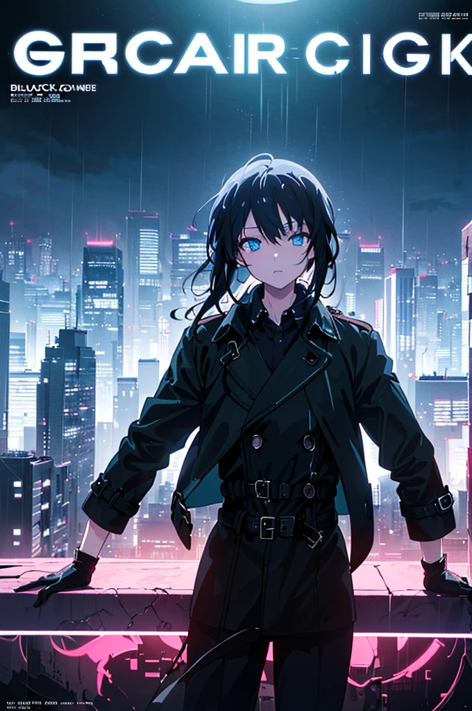 (best quality,8k,masterpiece:1.5), (solo:1.5), 1girl, cyberpunk, futuristic, (buttoned ankle-length black trench coat:1.4), (black pants:1.2), (black collared shirt:1.4), (loose long black hair:1.4), light blue eyes, beautiful detailed face, beautiful detailed fingers, (black leather gloves:1.3), (neon lights:1.4), cityscape, high-rise buildings, advanced technology, city nightlife, (night:1.7), mysterious atmosphere, rain-soaked streets, vivid colors, electric blue color palette, sharp focus, ultra-detailed, high contrast lighting, landscape, reflective surfaces, (anime style:1.4), (cowboy shot:1.3), (frontal body shot:1.6), (looking at viewer:1.4), (posing for magazine cover:1.5)
