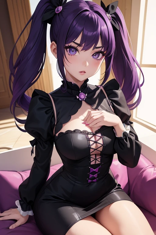 (a girl,anime girl,2 girls:1.1),beautiful detailed eyes,beautiful detailed lips,extremely detailed eyes and face,long eyelashes,violet hair,dark purple hair,cute face,porcelain-like skin,black dress,gothic dress, sitting on a couch, elegant posture, seductive pose,feeling confident,alluring expression,androgynous look,soft lighting,anime style portraits,vibrant colors,vivid shades of purple,anime goth girl, ((8k, detailed face, super detailed girl, two arms, five fingers on each hand)) ((twin tailed hair, pigtails in bows, voluminous hair))