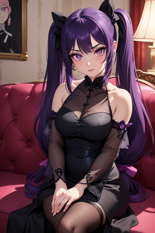 (a girl,anime girl,2 girls:1.1),beautiful detailed eyes,beautiful detailed lips,extremely detailed eyes and face,long eyelashes,violet hair,dark purple hair,cute face,porcelain-like skin,black dress,gothic dress, sitting on a couch, elegant posture, seductive pose,feeling confident,alluring expression,androgynous look,soft lighting,anime style portraits,vibrant colors,vivid shades of purple,anime goth girl, ((8k, detailed face, super detailed girl, two arms, five fingers on each hand)) ((twin tailed hair, pigtails in bows, voluminous hair))