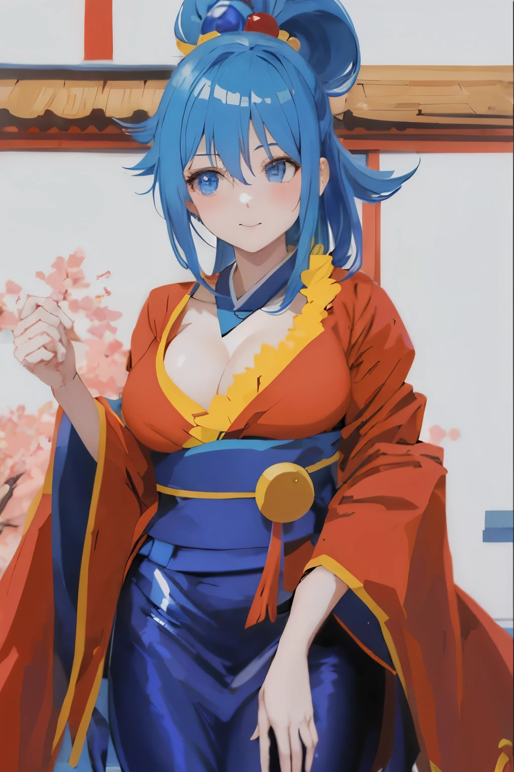anime girl with blue hair and blue eyes in a red outfit, aqua from konosuba, konosuba, konosuba anime style, seductive anime girl, anime moe artstyle, from sengoku period, beautiful alluring anime woman, onmyoji, anime woman, anime goddess, [32k hd]^10, in kimono