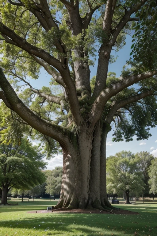 Create a park with large trees in early spring. with lots of birds, squirrels, bees. The ground is all grassy and in the center an old tree is a sentenary tree, with a very thick trunk and roots in full view of this tree must be very tall, taller than all the other trees. 