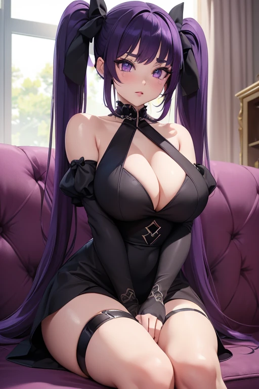 (a girl,anime girl,2 girls:1.1),beautiful detailed eyes,beautiful detailed lips,extremely detailed eyes and face,long eyelashes,violet hair,dark purple hair,cute face,porcelain-like skin,black dress, sitting on a couch, elegant posture, seductive pose,feeling confident,alluring expression,androgynous look,soft lighting,anime style portraits, vivid shades of purple,anime goth girl, ((8k, detailed face, super detailed girl, two arms, five fingers on each hand)) ((twin tailed hair, pigtails in bows, voluminous hair))