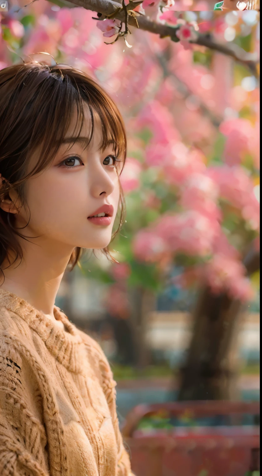 Medium Shot Shot, A beautiful japanese woman looks at the camera, under the cherry tree, Sunset, brown hair, short hair, pink knit sweater, sexy pose, SIGMA 85 mm F/1.4, masterpeace, low contrast, extremely detailed skin, extremely detailed lip, best quality, ultra highres ,photo realistic, ultra detailed, 8k RAW photo