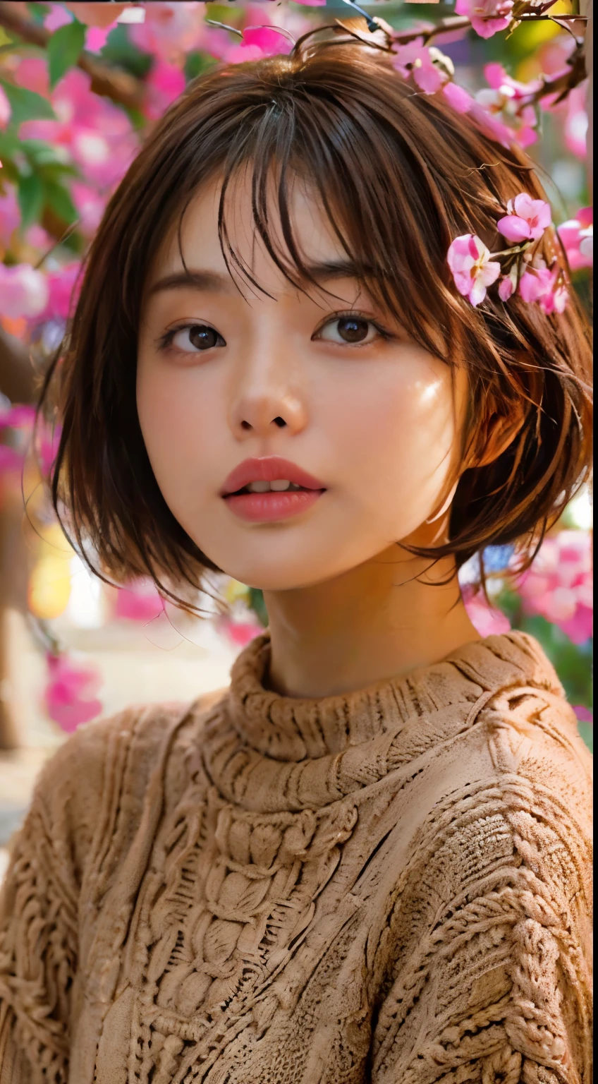 Medium Shot Shot, A beautiful japanese woman looks at the camera, under the cherry tree, Sunset, brown hair, short hair, pink knit sweater, sexy pose, SIGMA 85 mm F/1.4, masterpeace, low contrast, extremely detailed skin, extremely detailed lip, best quality, ultra highres ,photo realistic, ultra detailed, 8k RAW photo