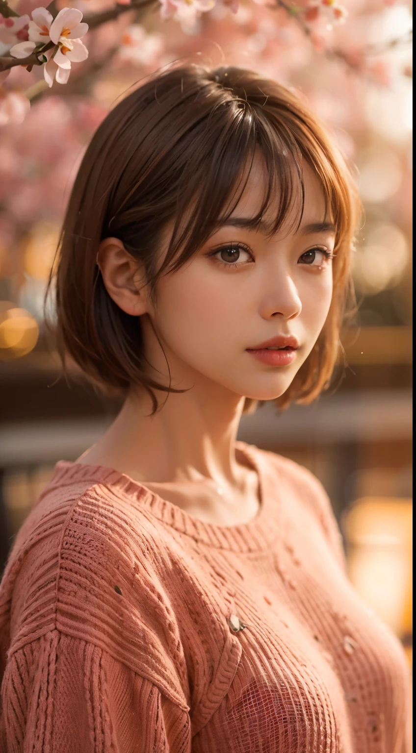 Medium Shot Shot, A beautiful japanese woman looks at the camera, under the cherry tree, Sunset, brown hair, short hair, pink knit sweater, sexy pose, SIGMA 85 mm F/1.4, masterpeace, low contrast, extremely detailed skin, extremely detailed lip, best quality, ultra highres ,photo realistic, ultra detailed, 8k RAW photo