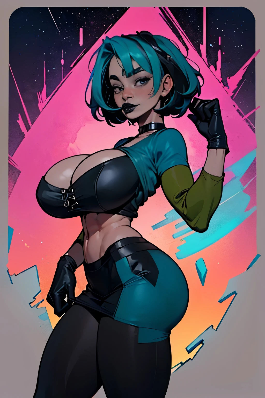 (masterpiece, top quality), (medium),official art, beautiful and aesthetic:1.2),(gwen:1.3), (fractal art:1.3), total drama island, teal hair, black hair, ((black top)), from side, (slendered abs:1.2), choker around neck, teal sleeves, black skirt, teal leggings, black boots, looking at viewer,(((black lipstick))), stars in the background,((black gloves)),((gigantic breasts:1.5)), (short hair),((ultra detail eyes:1.5)),((extremely detailed CG unity 8k wallpaper,masterpiece, best quality)), ((ultra-detailed:1.5)),(best illumination, best shadow, an extremely delicate and beautiful),(extremely detailed CG unity 8k wallpaper,masterpiece, best quality, ultra-detailed),(best illumination,  best shadow, an extremely delicate and beautiful),(masterpiece), digital art, otherworldly, a burst of color, explosive energy, chaotic beauty, (hair flowing:1.2, hair glowing), (background: broken, shattered, fractured), (light: flickering, pulsating, radiating).