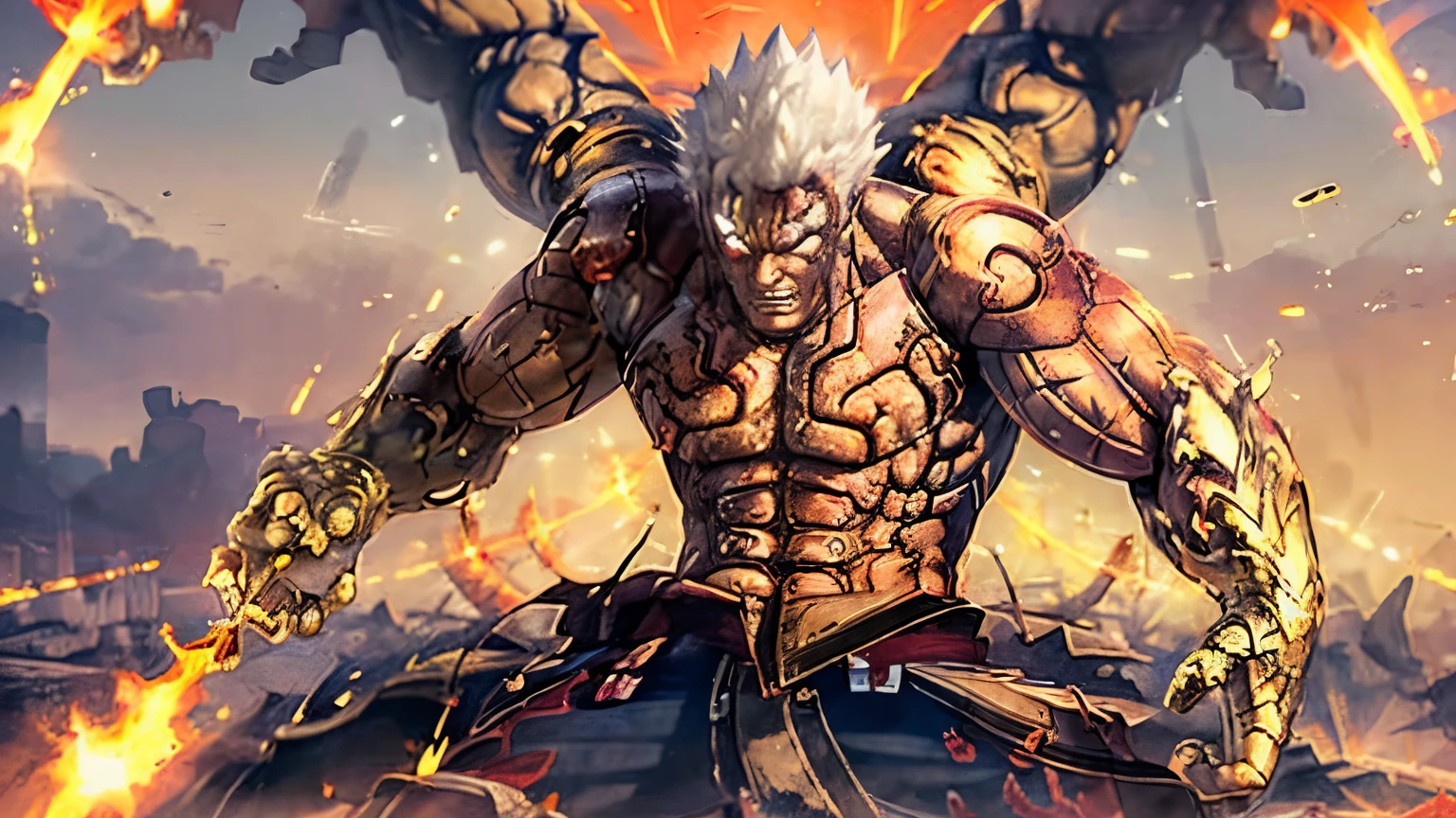 Animated Boy,Asura,cheveux blancs,short spiky hair,porter une tenue blanche,Makrings sur tout le corps,aura rouge, Destroyed land,contours rouges sur le corps, puissant, Surrounded by monsters, des mains parfaites,photo en gros plan, muscular athletic body, serious face,Mantra,Digital art of the highest quality, of the oeuvre of d&#39;breathtaking art, fond d&#39;screen 4k,8K,64 Ko, HD, chef-d&#39;unprecedented work, dynamic lighting, cinematic, epic