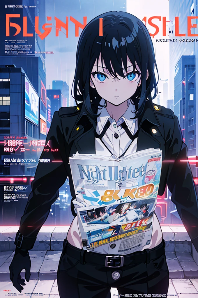 (best quality,8k,masterpiece:1.5), (solo:1.5), 1girl, cyberpunk, futuristic, (buttoned ankle-length black trench coat:1.4), (black pants:1.2), (black collared shirt:1.4), (loose long black hair:1.4), light blue eyes, beautiful detailed face, beautiful detailed fingers, (black leather gloves:1.3), (neon lights:1.4), cityscape, high-rise buildings, advanced technology, city nightlife, (night:1.7), mysterious atmosphere, rain-soaked streets, vivid colors, electric blue color palette, sharp focus, ultra-detailed, high contrast lighting, landscape, reflective surfaces, (anime style:1.4), (cowboy shot:1.3), (frontal body shot:1.6), (looking at viewer:1.4), (magazine cover-style:1.5), (cover:1.5), (headline:1.5), (font:1.5)