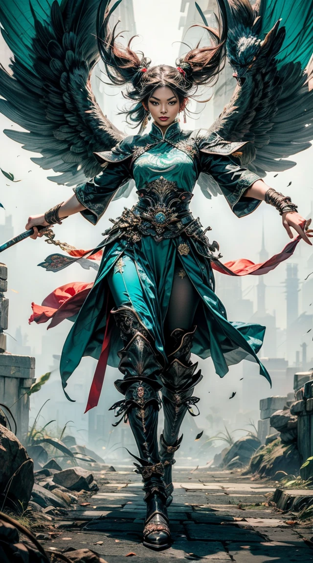 ((Full body Illustration)), high definition|quality|contrast. Magic Fantasy art. a imposing Chinese warrior woman holding a staff in combat pose, (attack pose), traditional dress in shades of green, a fenix tattoo on the right leg, in a battle pose, swirl of leaves around. her body emanates an energy of peace and strength that emits white and green colors of peace and strength.This energy that radiates around her protects her against an evil spirit.l, ambient soft light.