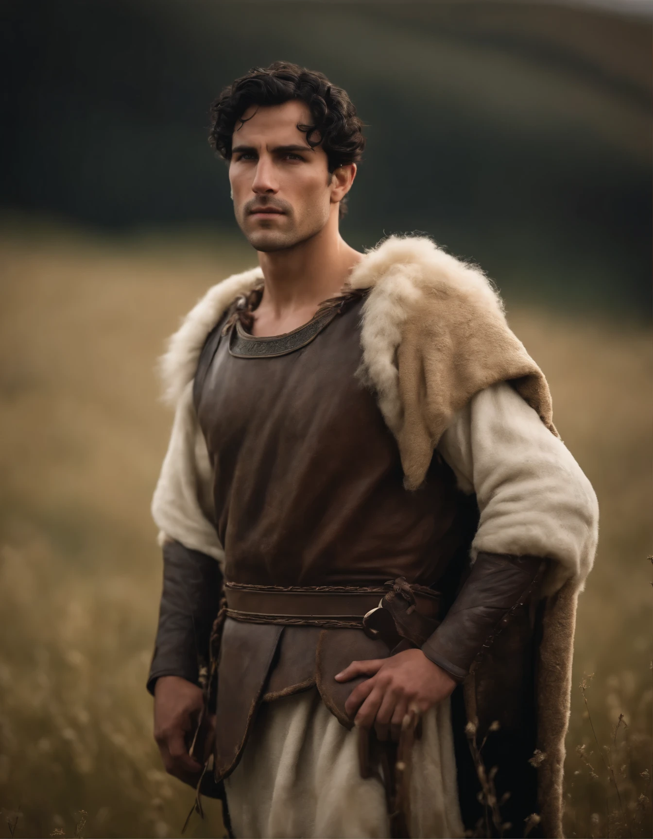 half-body image of an extremely handsome fitted young Spartan shepherd, very short black hair, ancient tunic and sheepskin covering, meadow background, style of Howard Pyle and Alphonse Mucha