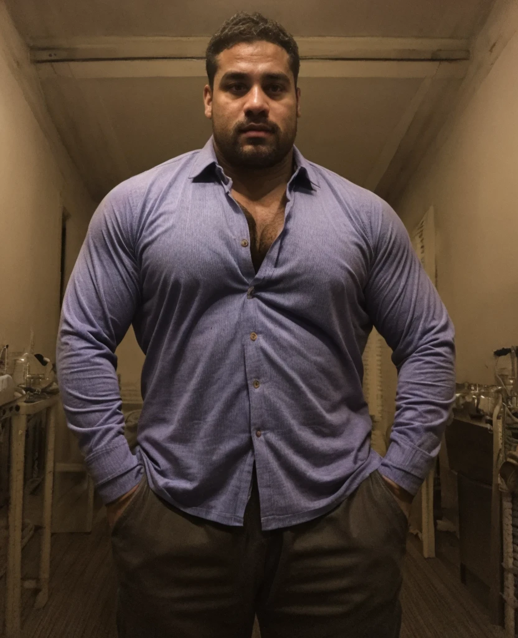 Hulk muscular uncle，Slightly fat，short mustache，Thick eyebrows，brush cut，There are pectoral muscles，The upper half wears a purple-blue long-sleeved professional shirt，With a wide dark blue tie，The shirt was all unbuttoned，Exposing the pectoral muscles，There are chest hairs on the pectoral muscles，Sit in the steaming room，The whole body is sweaty，The expression is shy

