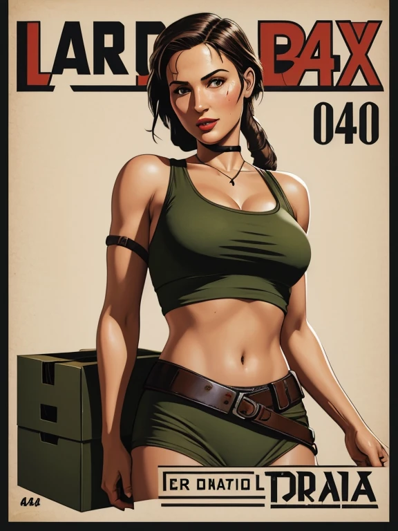 1940s poster, simple box design, simple label, lara croft